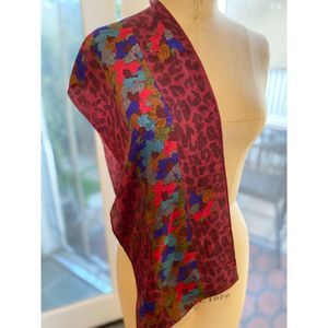 VTG Albert Nipon Silk Red Pink Multi Color Leopard Floral Scarf SZ 53 L x 9.75 W